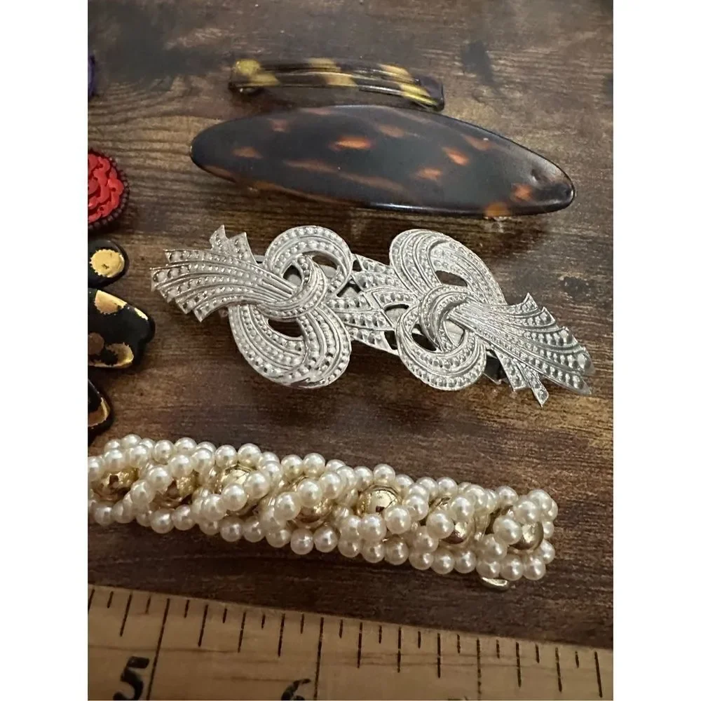 Vintage Hair Clip and Barrettes Lot 7 Silvertone Black Sequins Faux Pearl Retro